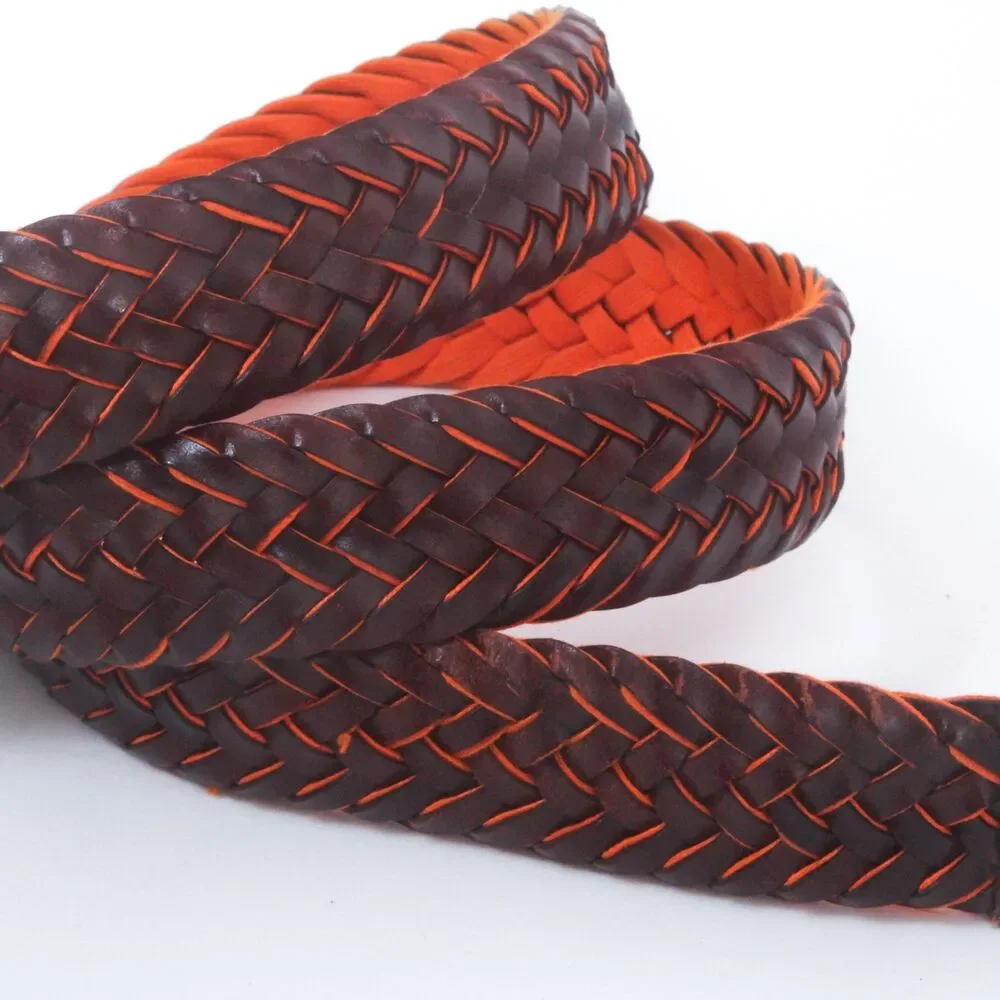 Barneys New York Mens Size 36 Woven Braided Leather Belt Brown Solid Brass Italy